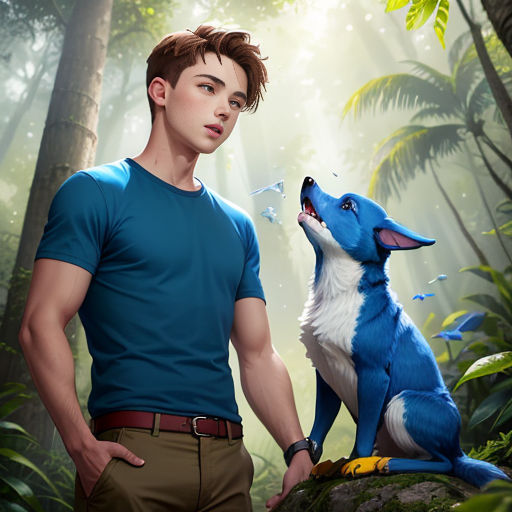 a man standing next to a blue dog in a forest with butterflies flying around him and a forest background