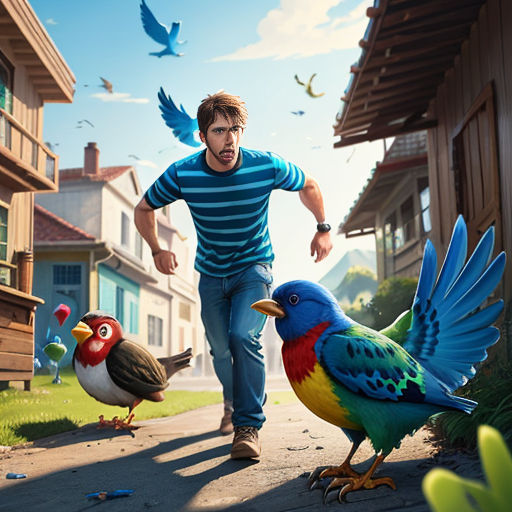 a man is walking down a street with birds around him and a bird on the ground in front of him