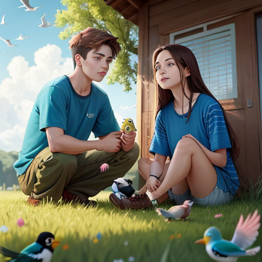 a painting of a boy and a girl sitting on the grass with birds around them and a bird feeder