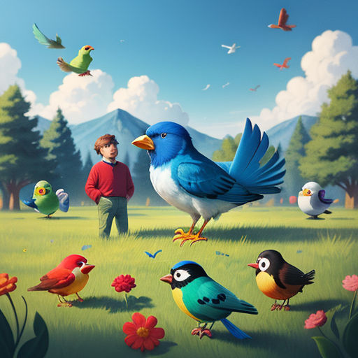 a painting of a boy standing in a field with birds and birds around him and a boy standing in the background