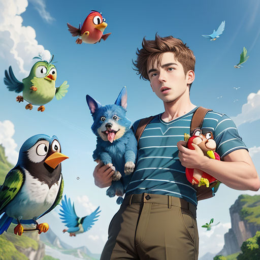 a man holding a small dog and a bird in front of a mountain with birds flying around him and a bird flying above him