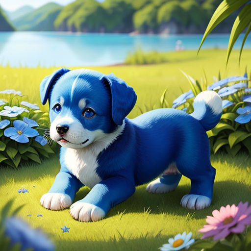 a blue puppy is standing in a field of flowers and daisies with a lake in the background and a mountain in the distance