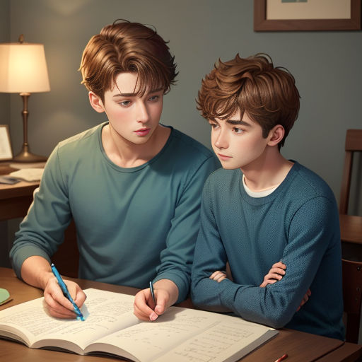 two boys sitting at a table with a book and pen in front of them, one boy is writing