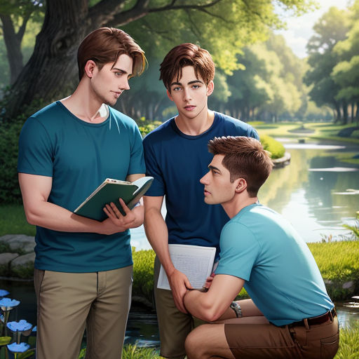 three young men are looking at a book together in a park by a pond and a pond with flowers