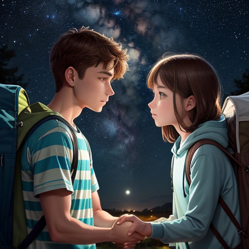 a couple of people standing next to each other under a night sky with stars and a lightening in the sky