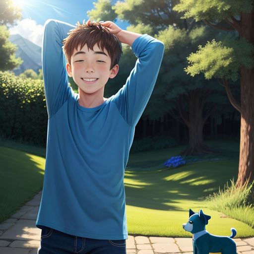 a boy standing in front of a dog statue in a park with a blue shirt on and a blue dog statue in the foreground