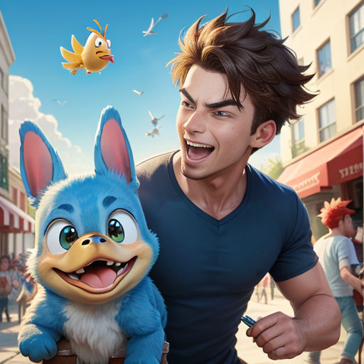 a man holding a stuffed animal next to a blue bunny in a city street with a bird flying above him