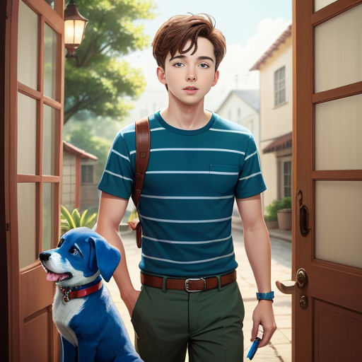 a man holding a dog's leash while standing in front of a door with a dog on the leash