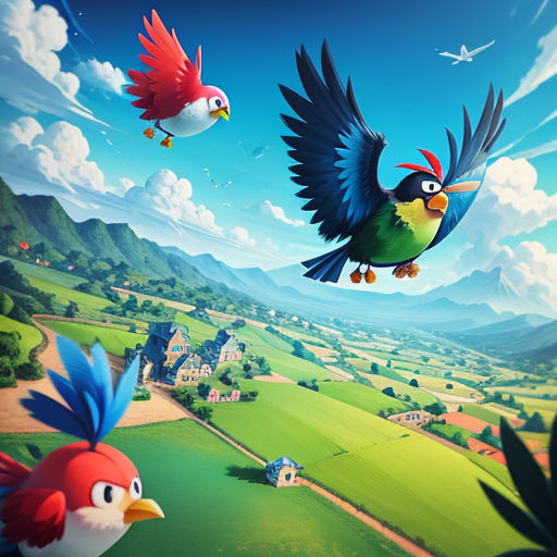 a bird flying over a lush green countryside under a blue sky with clouds and birds flying over it in the air