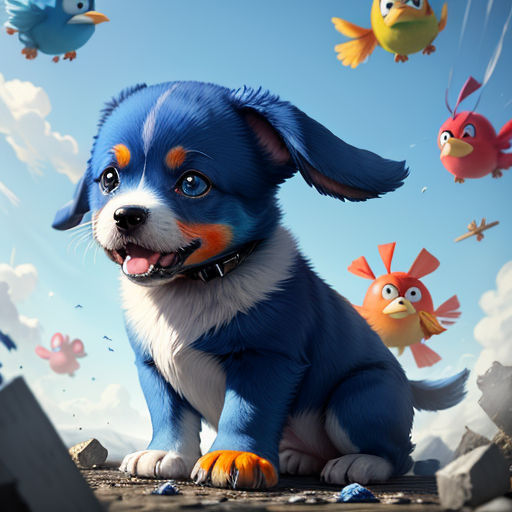 a dog is sitting in the middle of a group of birds and fish flying in the sky above him