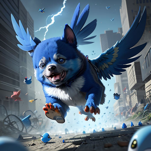 a dog flying through the air with a bunch of blue birds around it's neck and head,