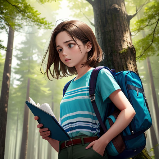a girl with a backpack and a book in her hands standing in the woods with a backpack on her shoulder