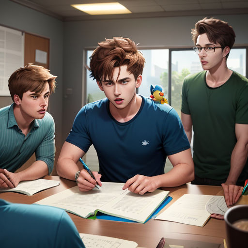 a group of young men sitting around a table with notebooks and pens in front of them, looking at a computer screen