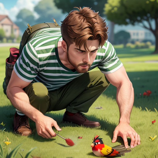 a man kneeling down to pick up a bird from the ground with a knife and fork in his hand