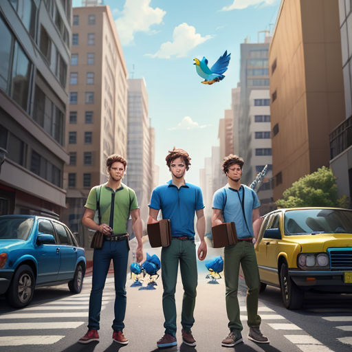 three young men standing in the middle of a street with a bird flying overhead in the sky above them