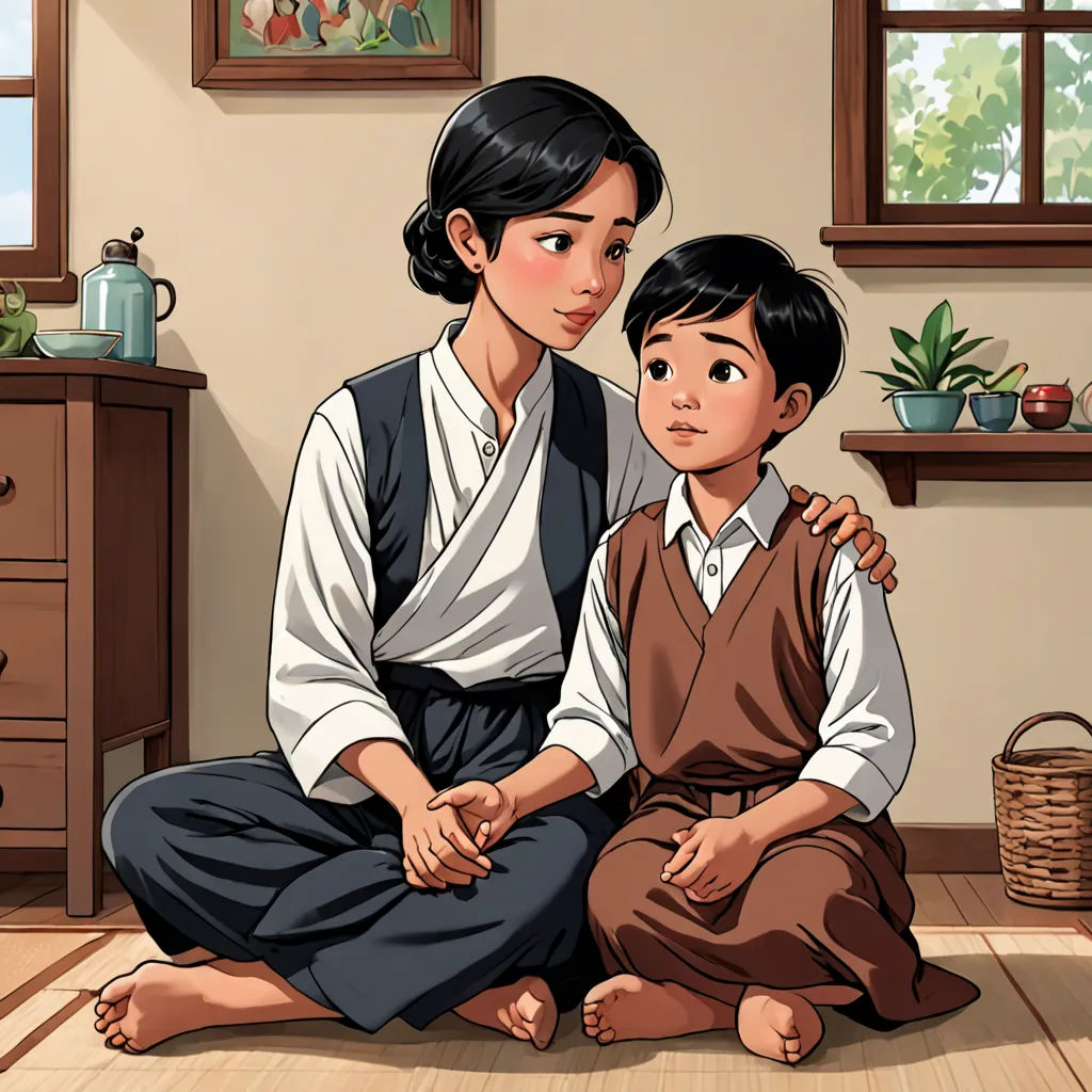 a woman and a child sitting on the floor in a room with a dresser and a potted plant, ukiyo-e, a storybook illustration, Byeon Sang-byeok, official art
