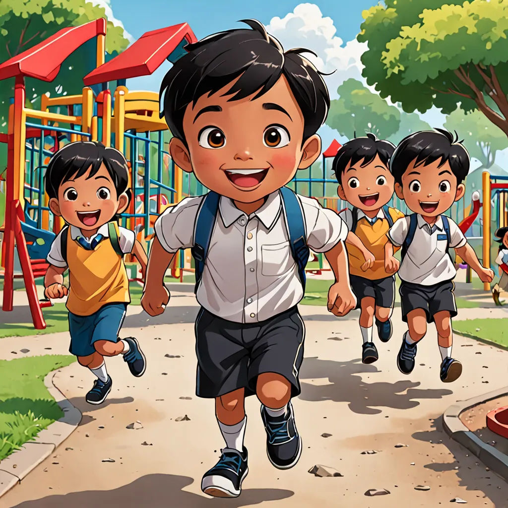 a group of children running down a path in a park with a playground in the background and a playground with a play structure in the background, danube school, a cartoon, Altoon Sultan, promotional image