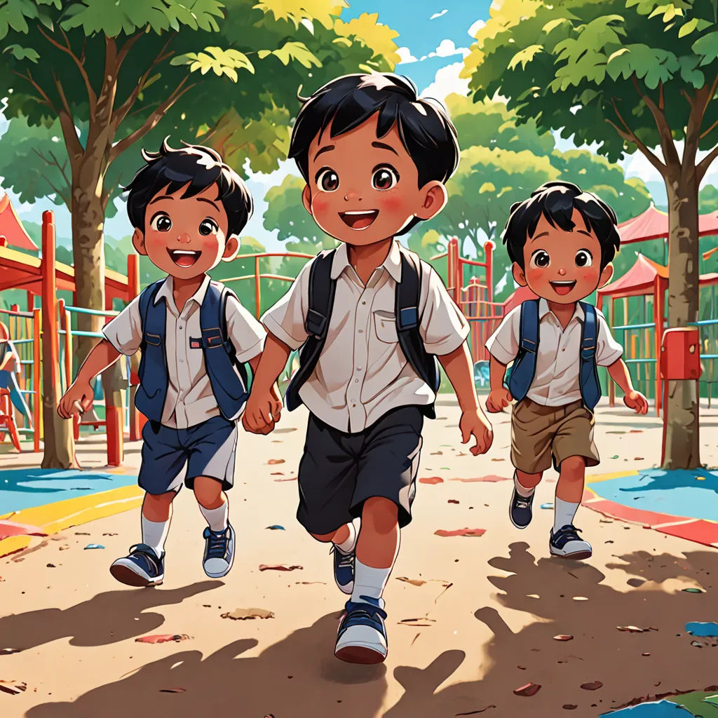 a group of children walking down a playground with backpacks on their back and a playground in the background, danube school, a comic book panel, Brothers Hildebrandt, official art