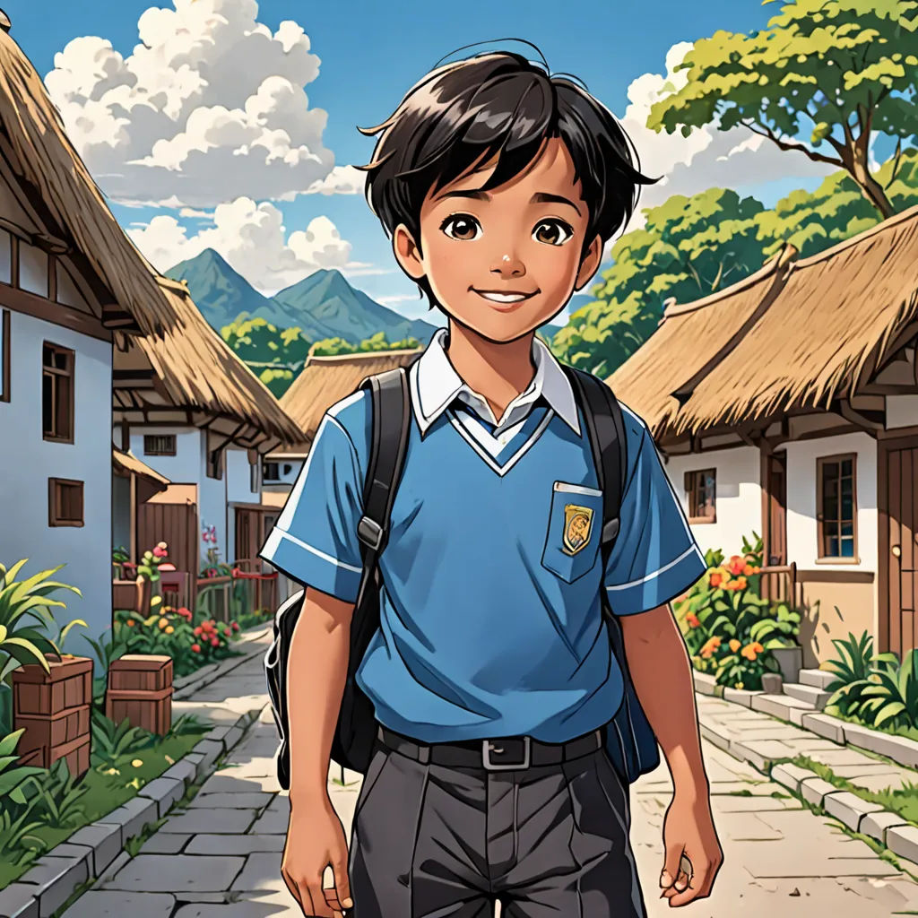 a boy in a blue shirt and backpack standing in front of a village with thatched roofs and a path, quito school, a character portrait, Cedric Seaut (Keos Masons), official art