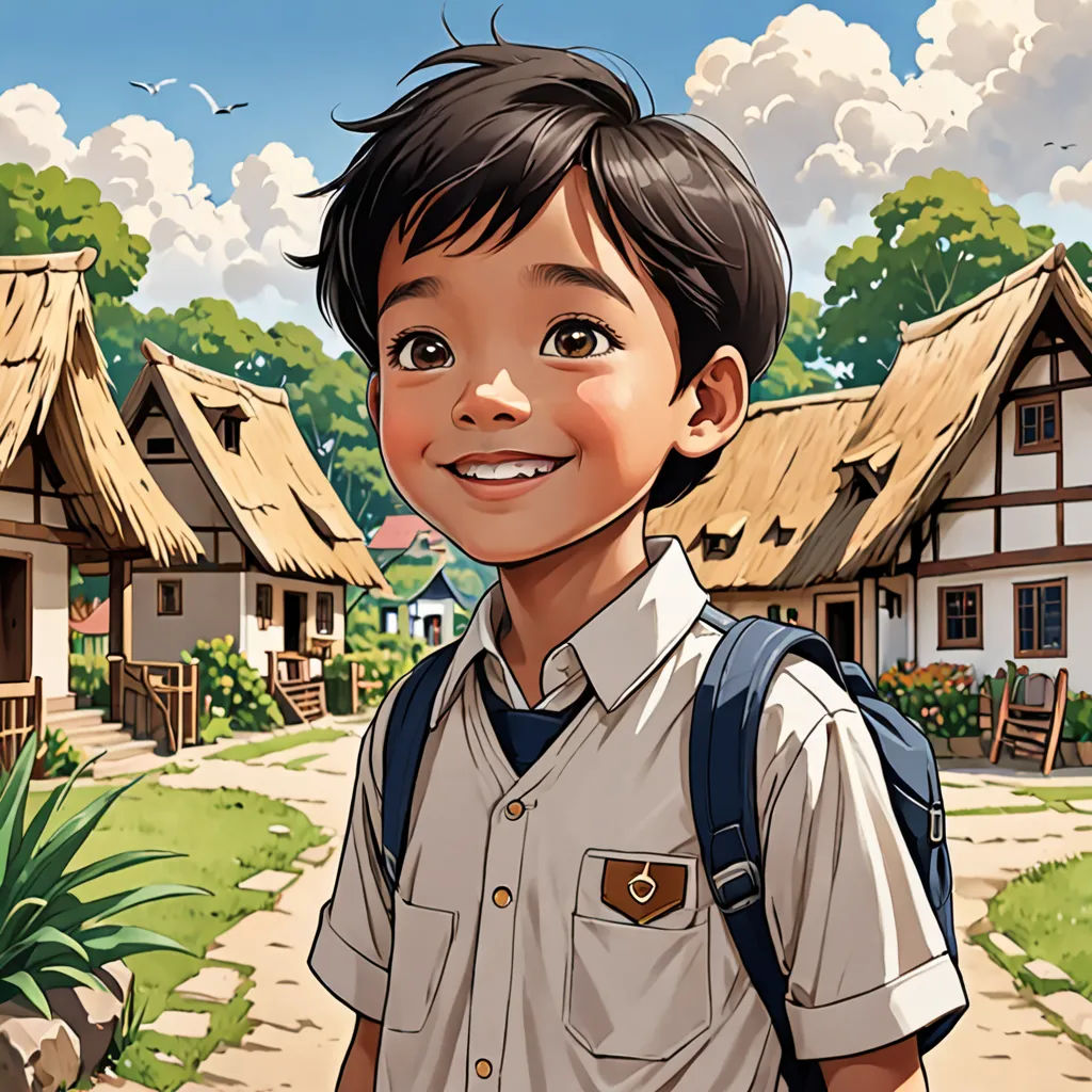 a boy with a backpack standing in front of a village with thatched roofs and a path leading to a small building, american scene painting, a storybook illustration, Cedric Seaut (Keos Masons), official art