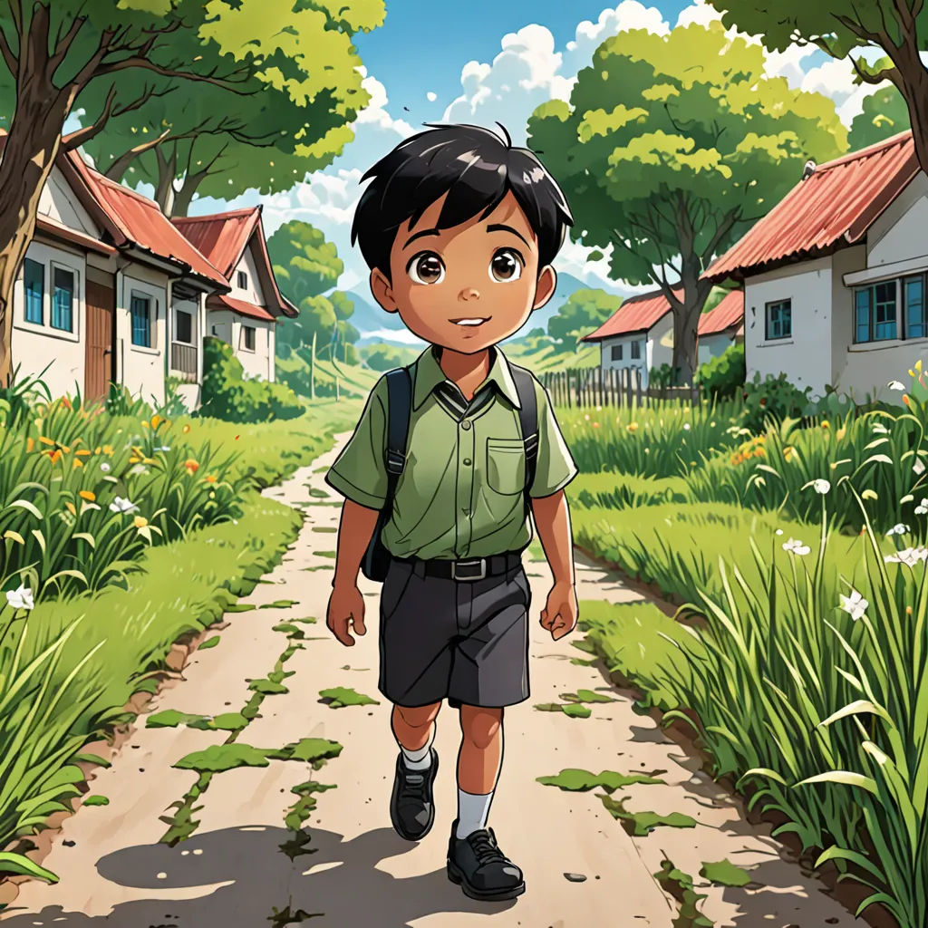 a boy walking down a path in a village with houses and trees in the background, with a backpack on his back, danube school, a character portrait, Bhupen Khakhar, official art