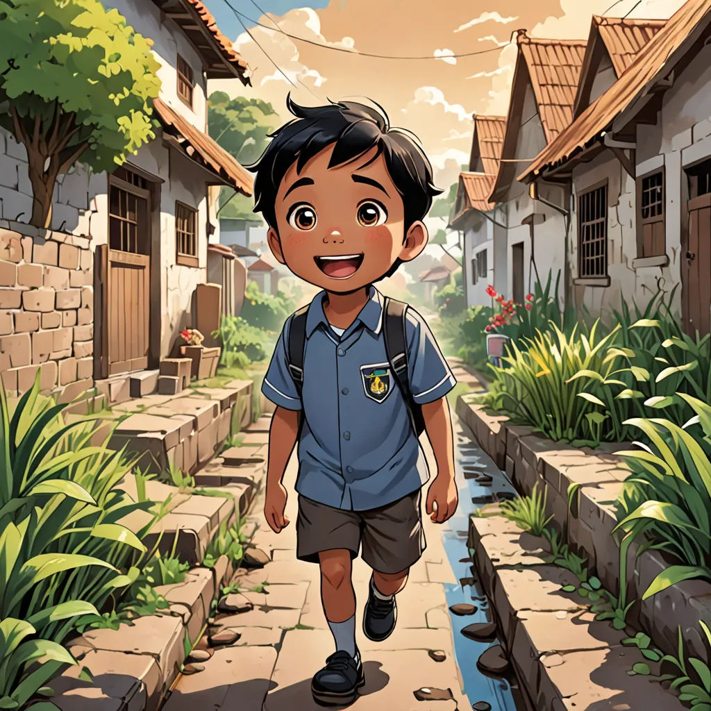 a boy walking down a street with a backpack on his back and a backpack on his shoulder, in front of a small village, quito school, a comic book panel, Eddie Mendoza, official art