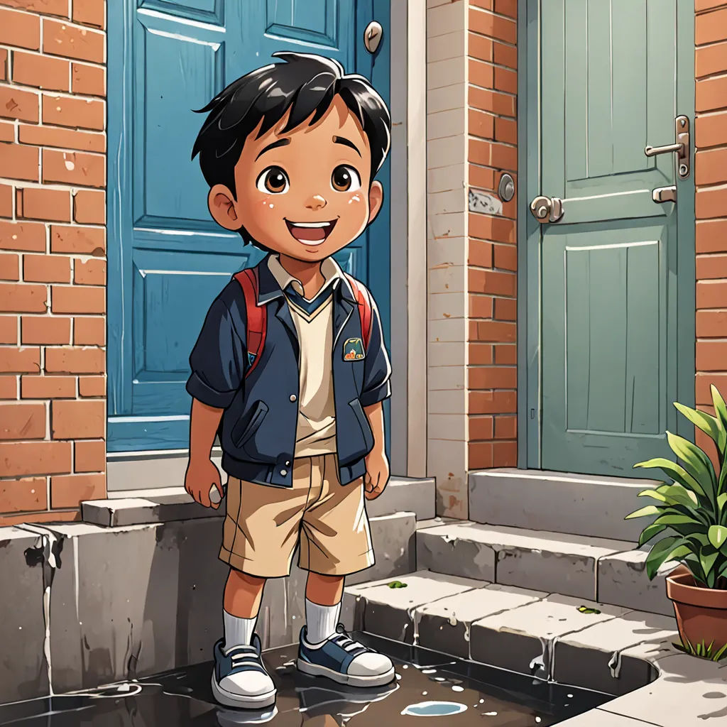 a boy standing in front of a blue door with a backpack on his back and a potted plant in front of him, quito school, a storybook illustration, Du Jin, official art