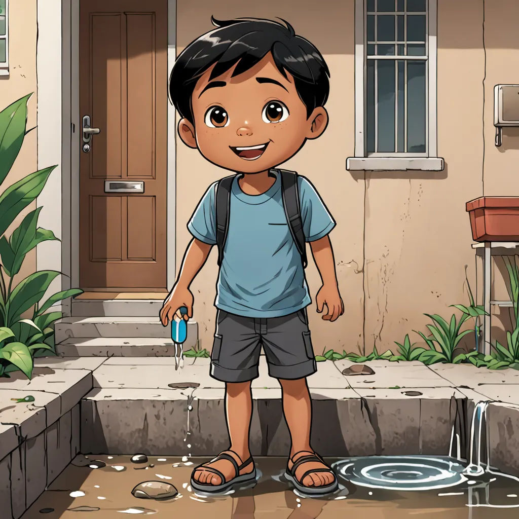 a boy standing in a puddle of water in front of a house with a blue umbrella in his hand, lyco art, a storybook illustration, Eddie Mendoza, promotional image