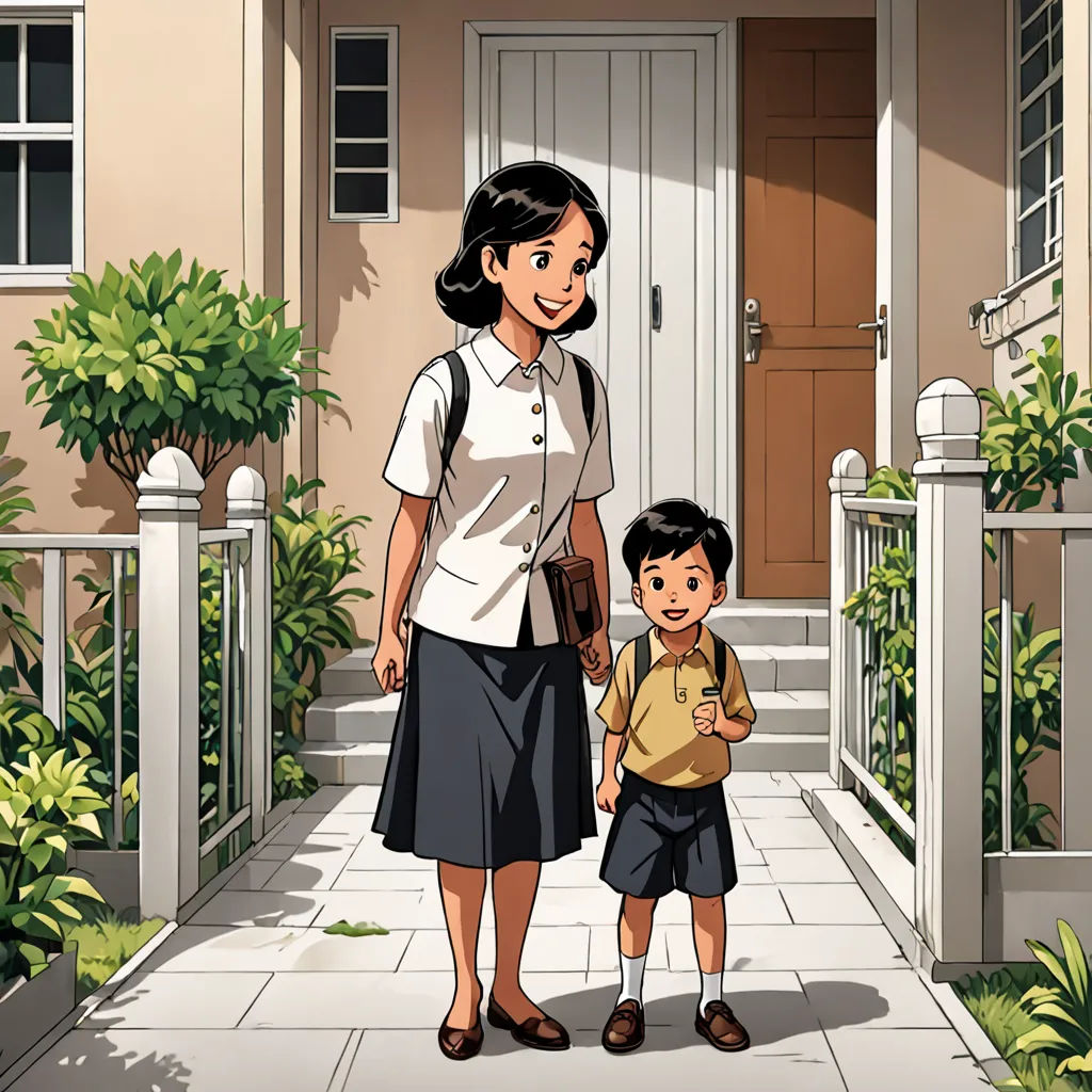 a woman and a child standing in front of a house with a door and a porch with a plant, paris school, a storybook illustration, Byeon Sang-byeok, official art