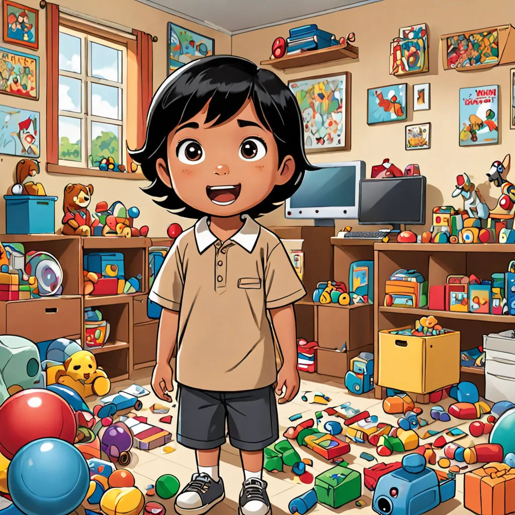 a young boy standing in a room filled with toys and toys on the floor and a television on the wall, lyco art, poster art, Diego Gisbert Llorens, promotional image