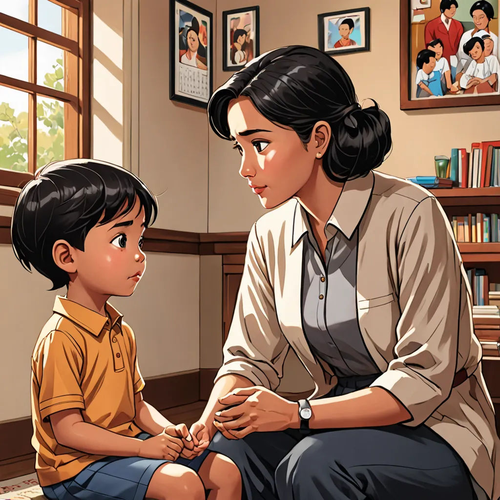 a woman sitting next to a child on a floor in a room with a window and a book shelf, bengal school of art, a storybook illustration, Basuki Abdullah, graphic novel