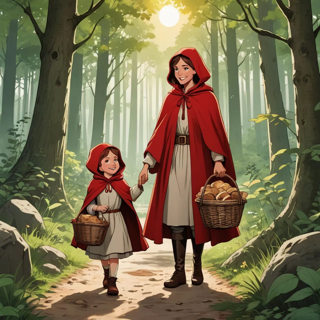 a woman and a child are walking through a forest holding hands and holding baskets of mushrooms in their hands, fantasy art, a storybook illustration, Brothers Hildebrandt, official art