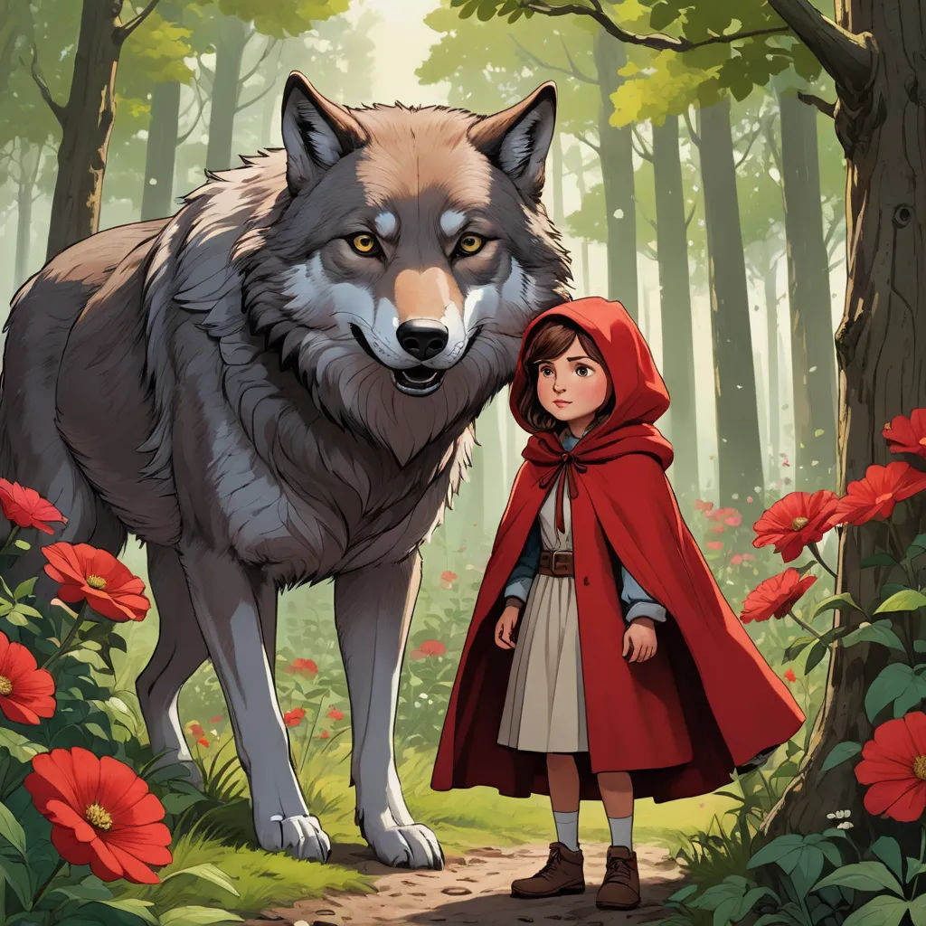 a little girl standing next to a wolf in a forest with red flowers on the ground and a wolf standing next to her, fantasy art, a storybook illustration, Aaron Jasinski, official art