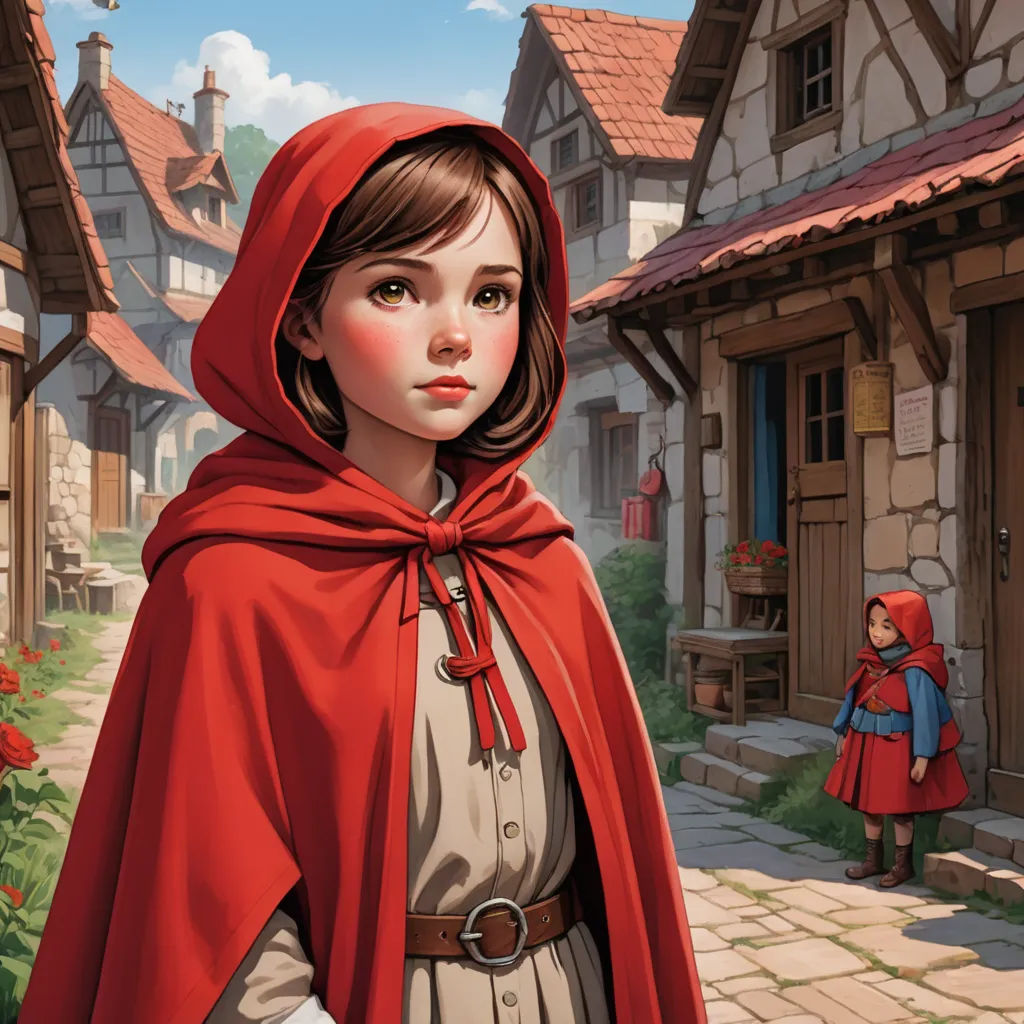 a painting of a little girl in a red cape and dress standing in front of a house with a red rose, fantasy art, a storybook illustration, Brothers Hildebrandt, kinkade