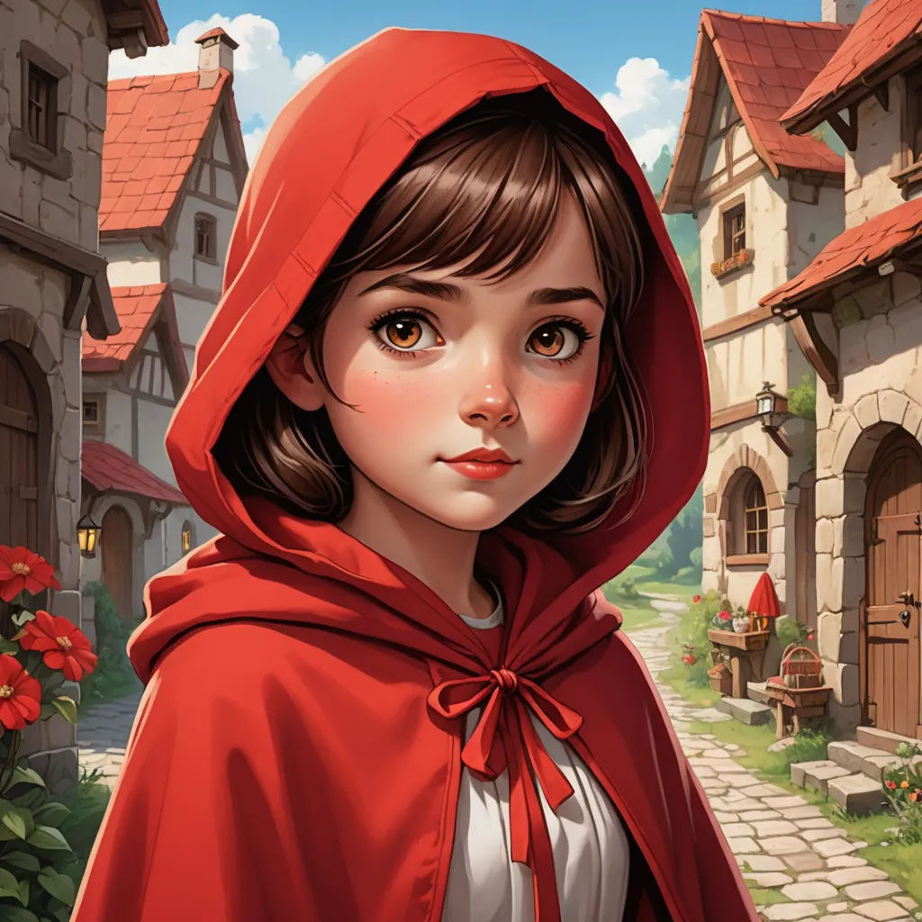 a little girl in a red cape standing in front of a house with a red flower in the foreground, fantasy art, a detailed painting, Artgerm, rossdraws global illumination
