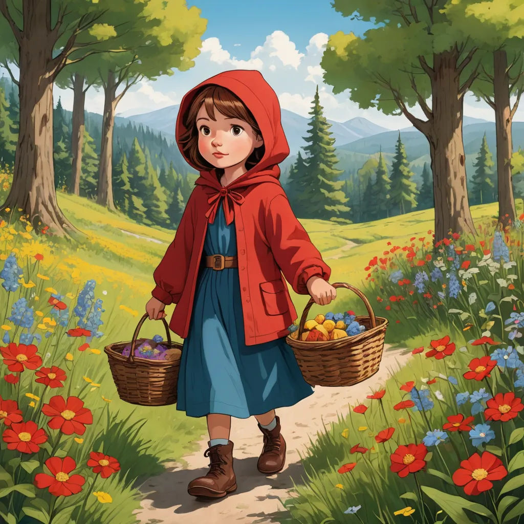 a little girl in a red jacket carrying a basket of fruit in a field of flowers and trees with a red hood, fantasy art, a storybook illustration, Cliff Childs, storybook illustration