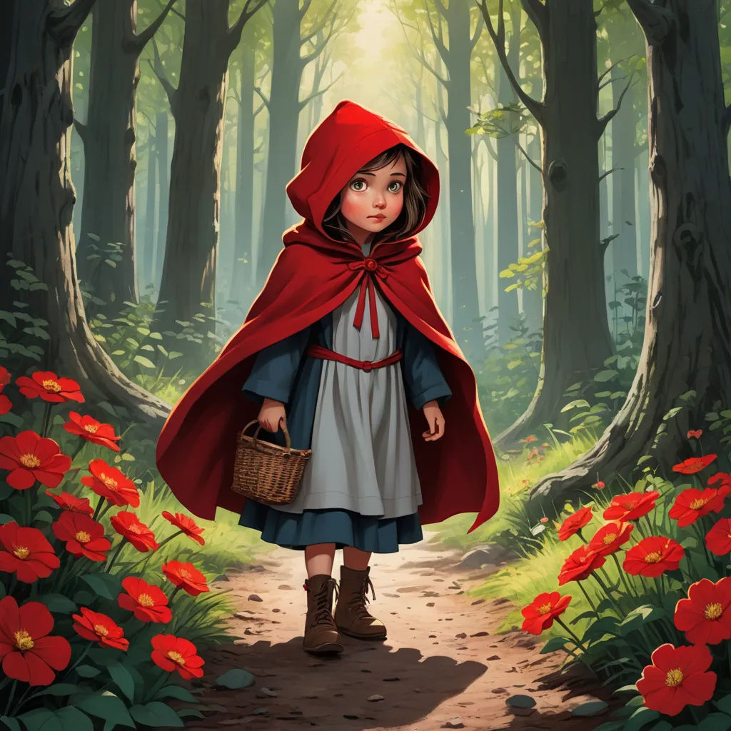 a painting of a little red riding hood in a forest with flowers and a basket of food in her hand, fantasy art, a storybook illustration, Anne Said, official art
