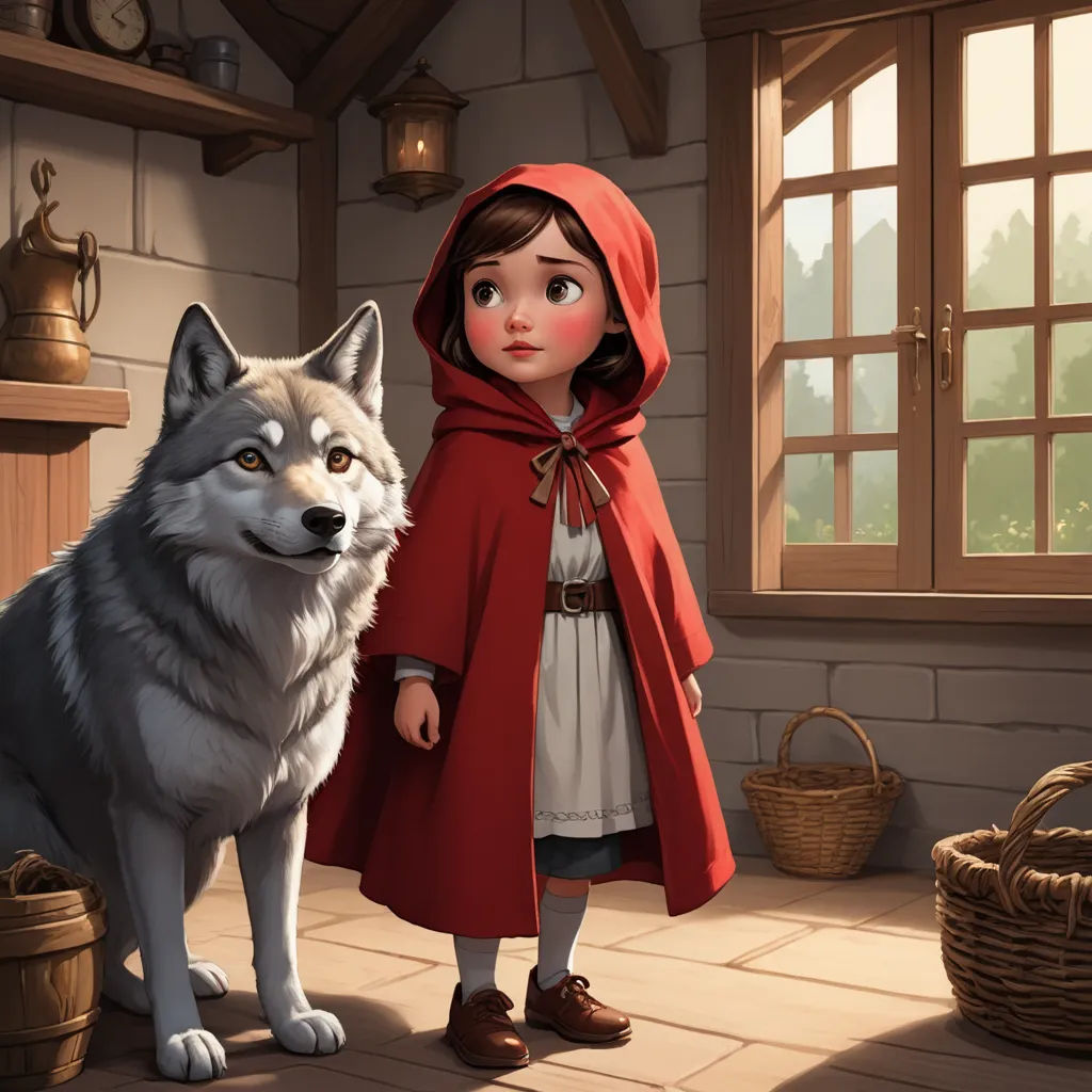 a little girl standing next to a wolf in a room with a window and a basket of food on the floor, fantasy art, a storybook illustration, Cliff Childs, storybook illustration