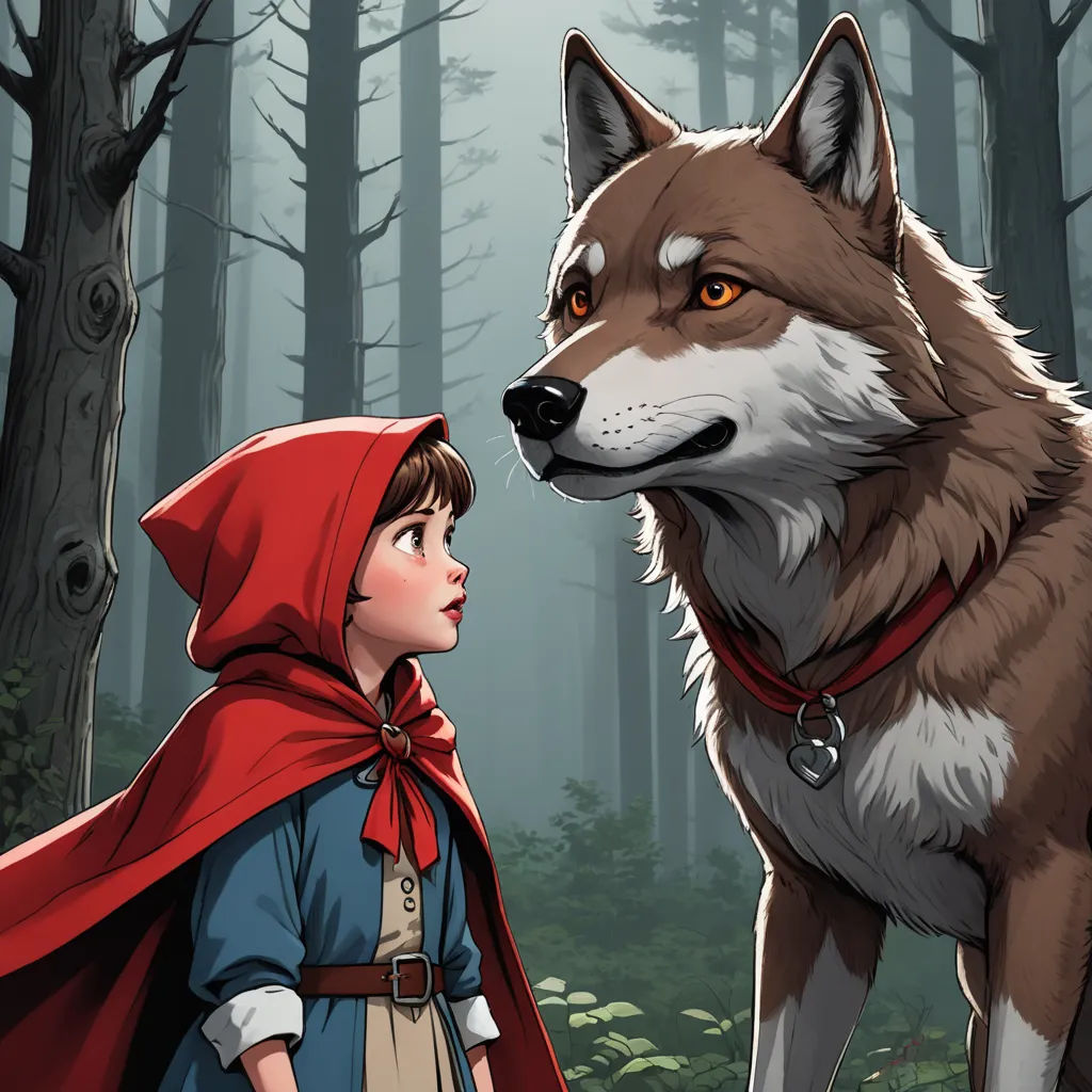 a little red riding a wolf in a forest with a girl looking at it with a wolf in the background, furry art, a storybook illustration, Aaron Jasinski, official art