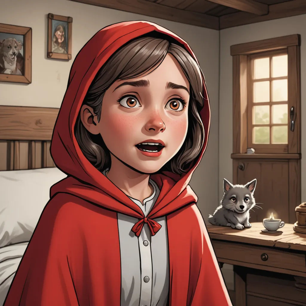 a cartoon girl in a red hoodie standing in a bedroom with a cat on the bed and a cat on the table, fantasy art, a storybook illustration, Brothers Hildebrandt, kinkade