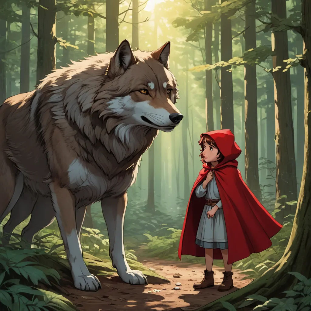 a little red riding a wolf in the woods with a girl in a red cape looking at it's face, furry art, a storybook illustration, Aaron Jasinski, official art