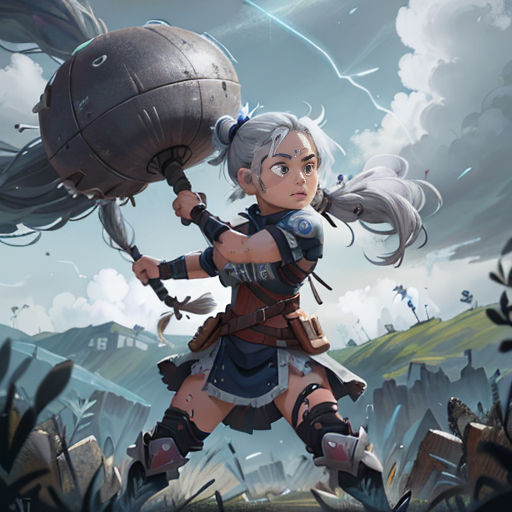 a woman with a giant object in her hand in a field of grass and rocks, with a sky background