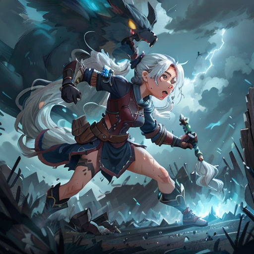 a woman with a sword in her hand and a demon in the background, with a sky background and clouds