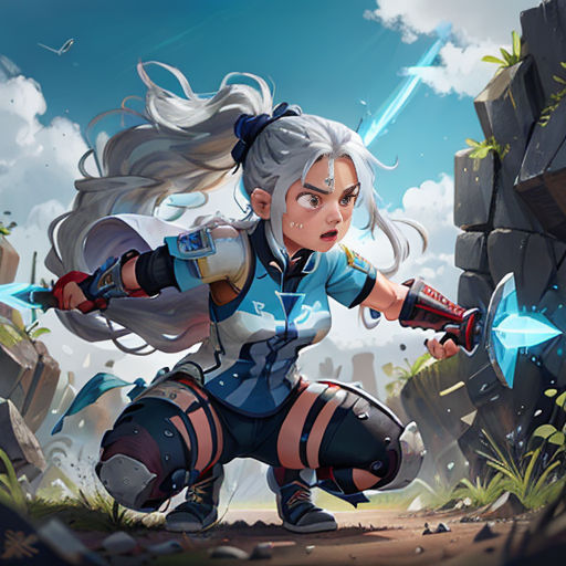 a woman with a sword in a cartoon style, holding a sword and a rock wall behind her, with a sky background