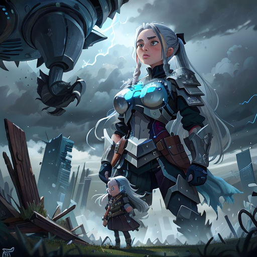 a woman in armor standing next to a giant robot in a city with lightning in the background and a man standing next to her