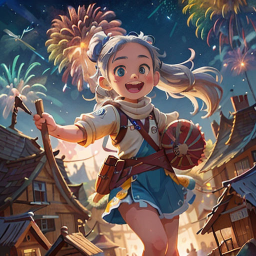 a girl in a dress is holding a basketball and a firework in the sky above her head is a town with fireworks