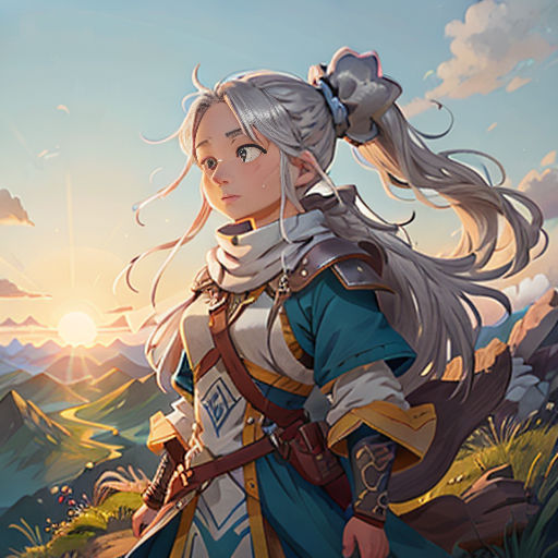 a woman in a blue dress standing in front of a mountain with a sword in her hand and a sky background