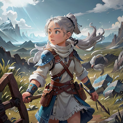 a woman in a white dress holding a sword and a wooden fence in front of a mountain landscape with rocks and grass