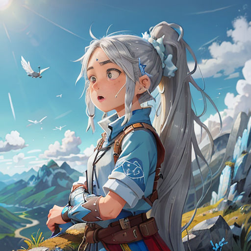 a woman with long white hair standing in front of a mountain range with birds flying overhead and a bird flying overhead