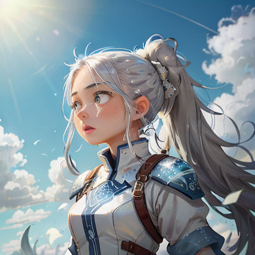 a woman with long hair and a ponytail standing in front of a blue sky with clouds and sun behind her
